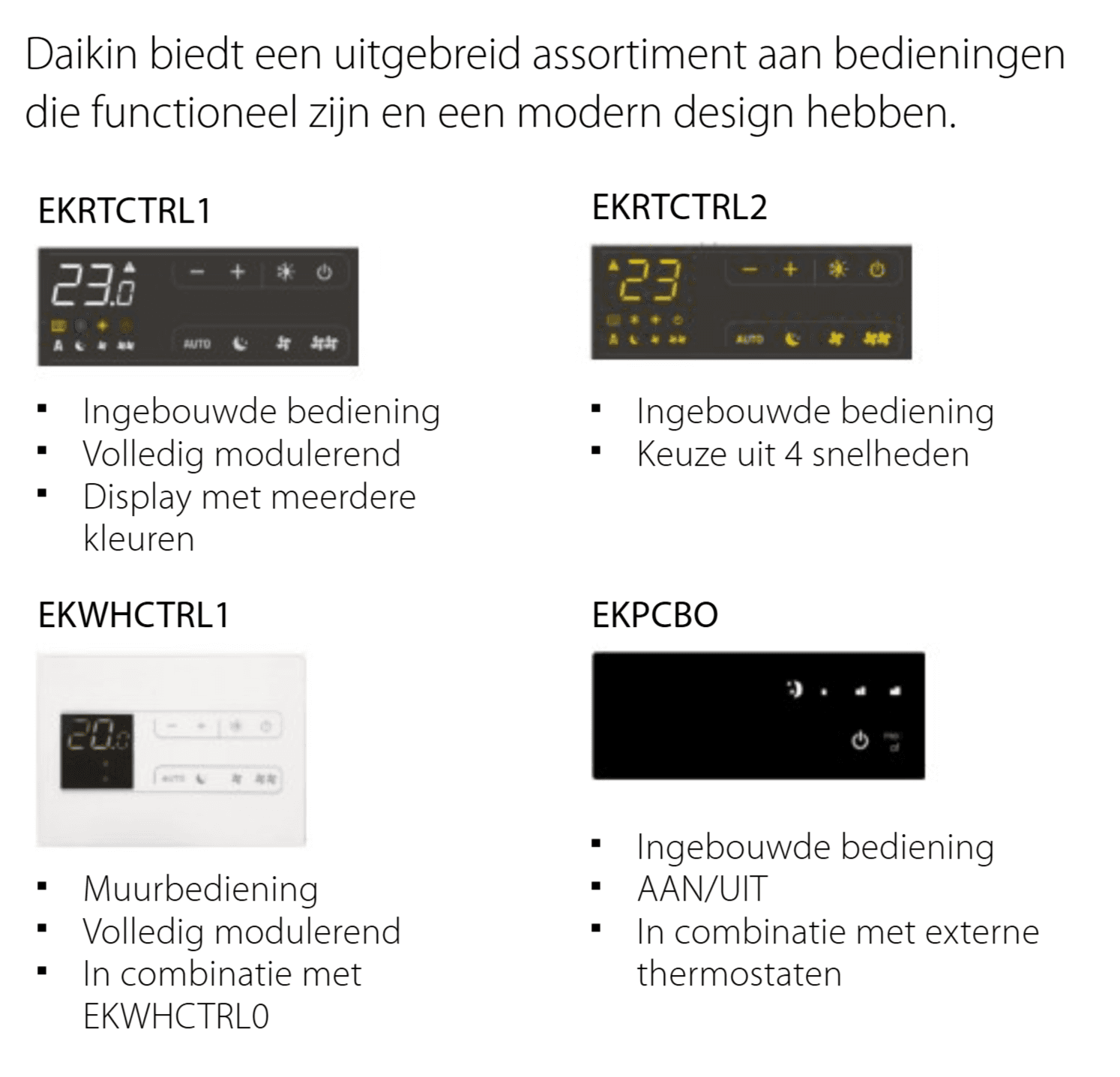 Daikin HPC bediening-opties — geïntegreerde regelingen, muurbediening en IR-afstandsbediening